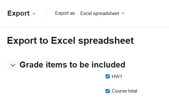 The option to choose the grade items is under the "Export to Excel spreadsheet" headline.