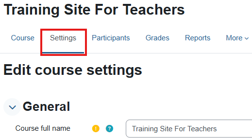 On the panel under the name of the course there is a "settings" button, the second one the left.