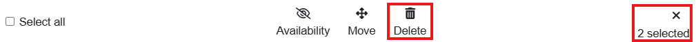 The "delete" button has a trash can icon. The number of selected items is shown on the right.