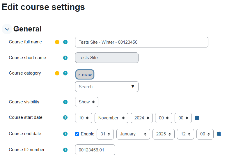General settings menu is the first one under "Edit course settings" headline