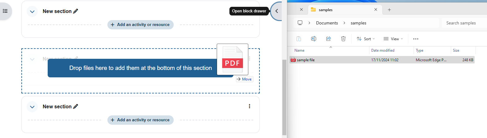 Dragging a file from the folder to the section in moodle