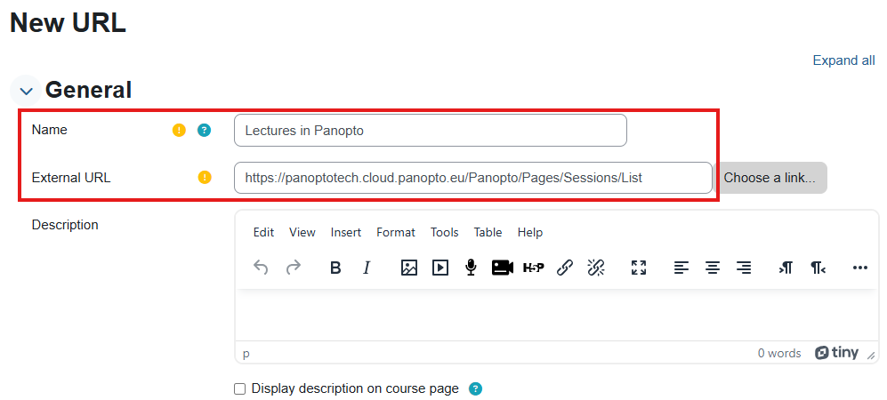 The fields where you can type the name of the link and external URL are shown in a red rectangle