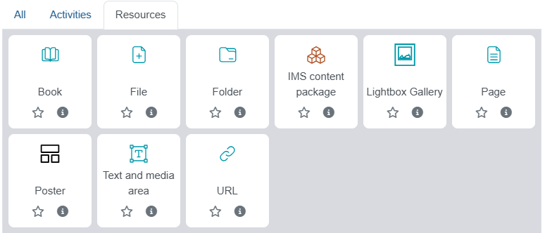 The window shows all the choices for resources that you can add. The "URL" button is in the second row in the middle.