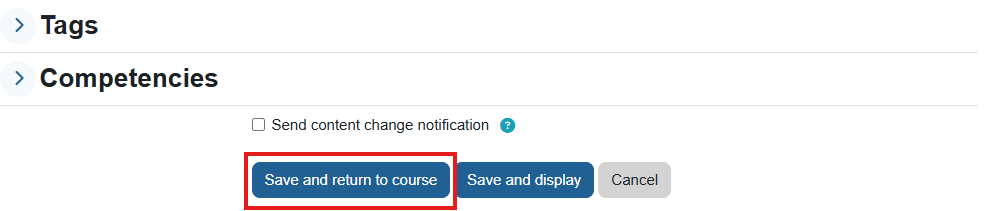 "Save and return to course" button is at the bottom of the page on the left. It is shown in a red rectangle.