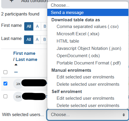 The option to send a message is chosen in the drop-down menu after selecting the students on the left