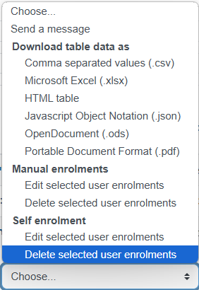 An option to "Delete selected user enrolments" in the drop-down menu