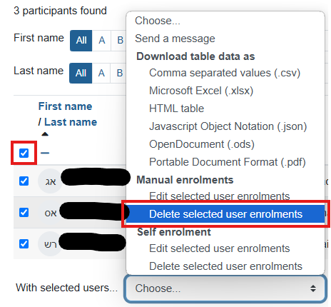 "Delete selected user enrollments" in the "With selected users..." menu is shown in a red rectangle