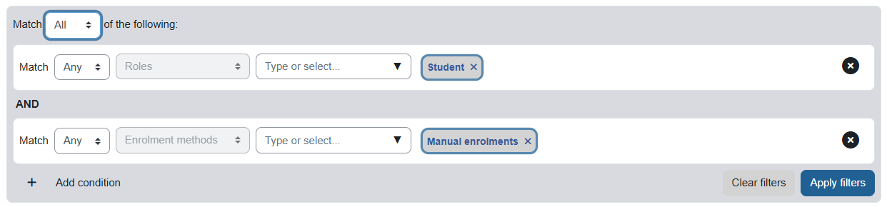 "Student" and "Manual enrollment" options are chosen in filters