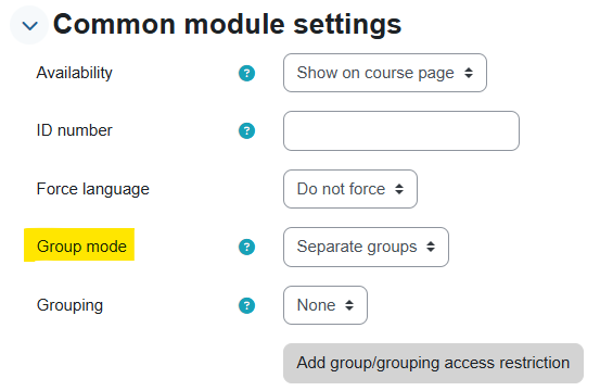 In the "Common module settings" menu "Group mode" is highlighted in yellow.