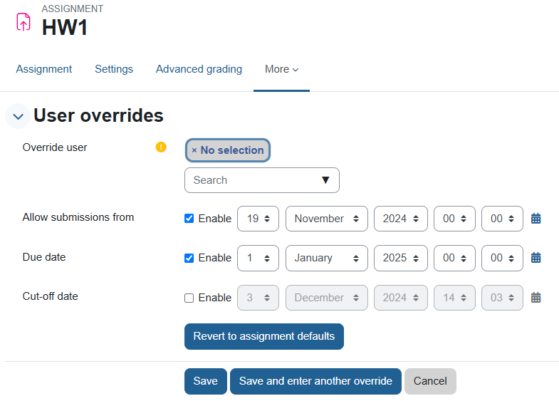 "User overrides" page has the option to choose a user,  the date that you allow submissions from, due date, cut-off date