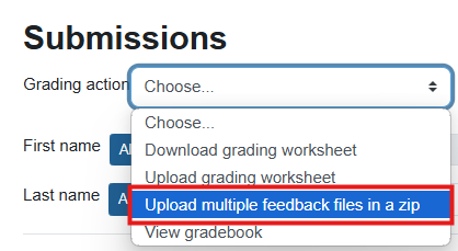 "Upload multiple feedback files in a zip" option in the drop-down menu is shown in  a red rectangle