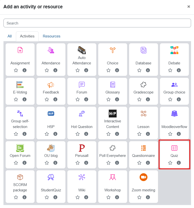 "Quiz" button in the "Add an activity or resource" floating window has a pink test sheet icon