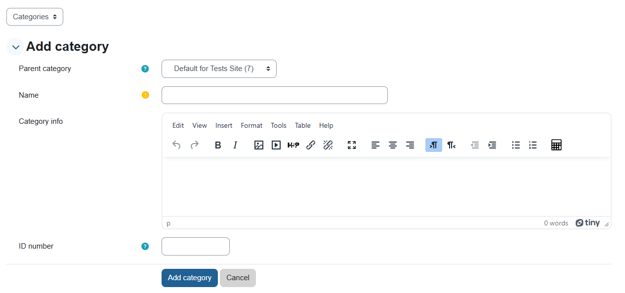 "Add category" page