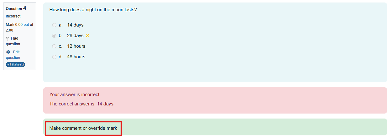 "Make comment or override mark" button is shown in a red rectangle