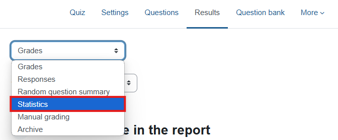 "Statistics" option in the drop-down menu in the "Results" tab is shown in a red rectangle