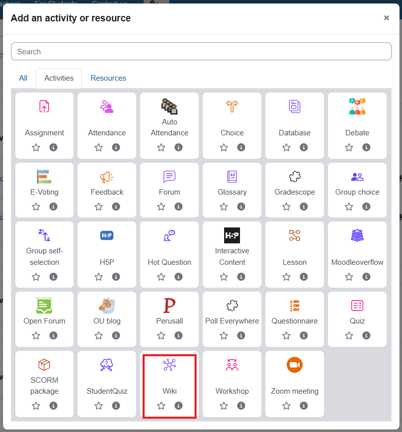 "Wiki" is shown in a red rectangle in the "Add an activity or resource" floating menu