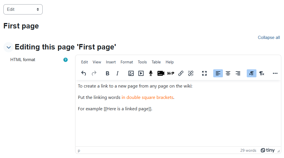 Creating a linked page by using double square brackets when editing the page