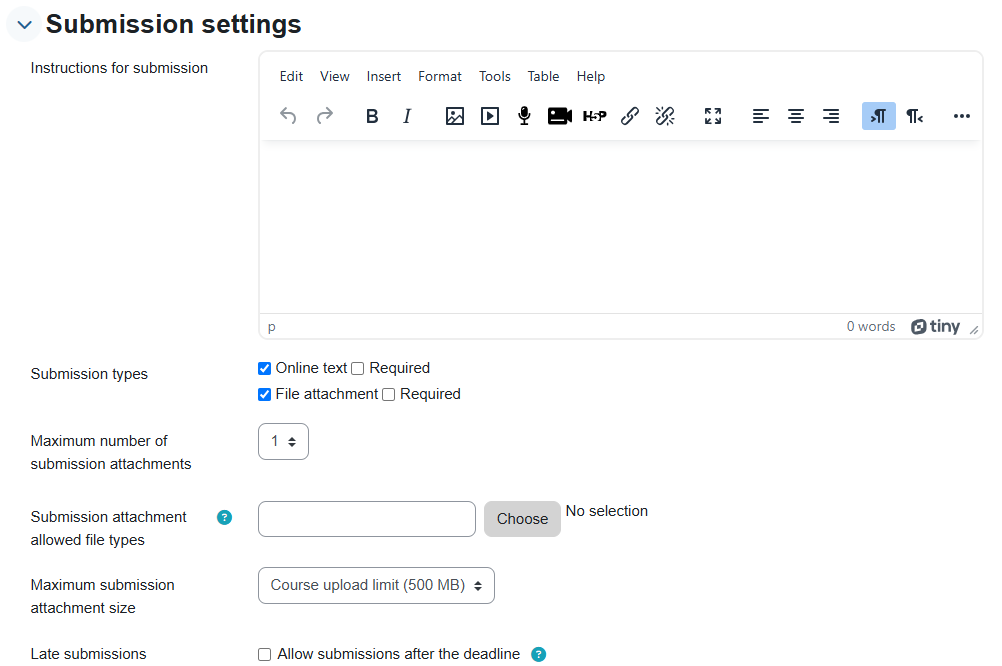 "Submission settings" menu