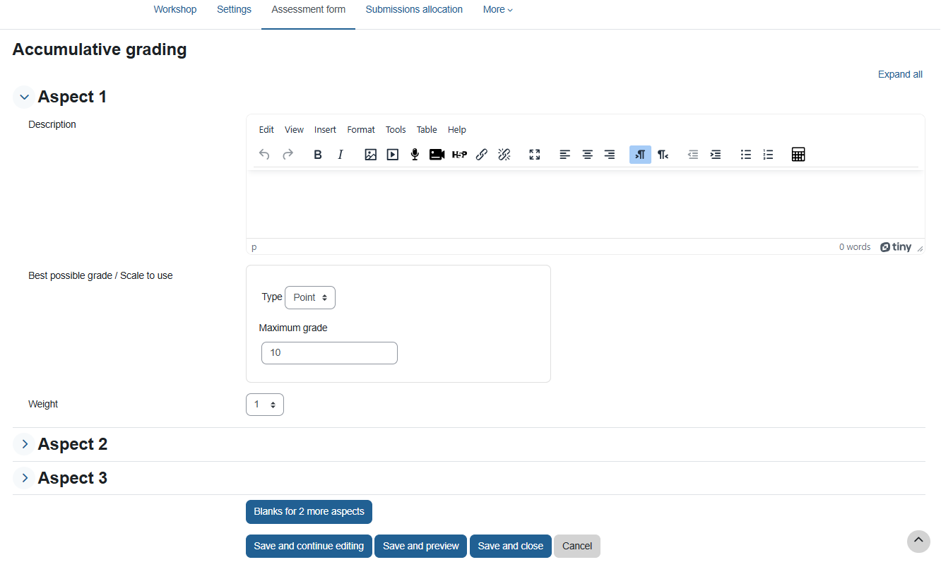 "Accumulative grading" page, where you have fields for defining the aspects