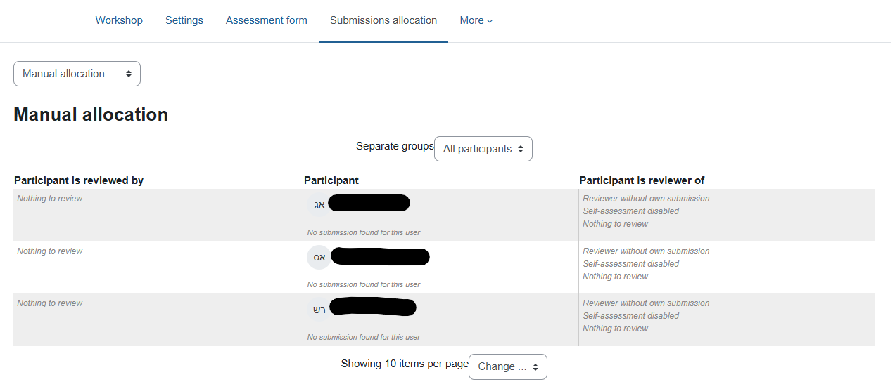 The page for allocating submissions in the manual allocation mode