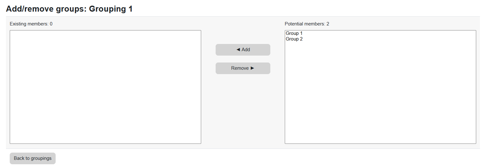"Add/remove groups" window for the chosen grouping