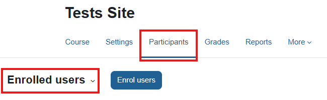 "Participants" tab and "Enrolled users" drop-down menu are shown in red rectangles