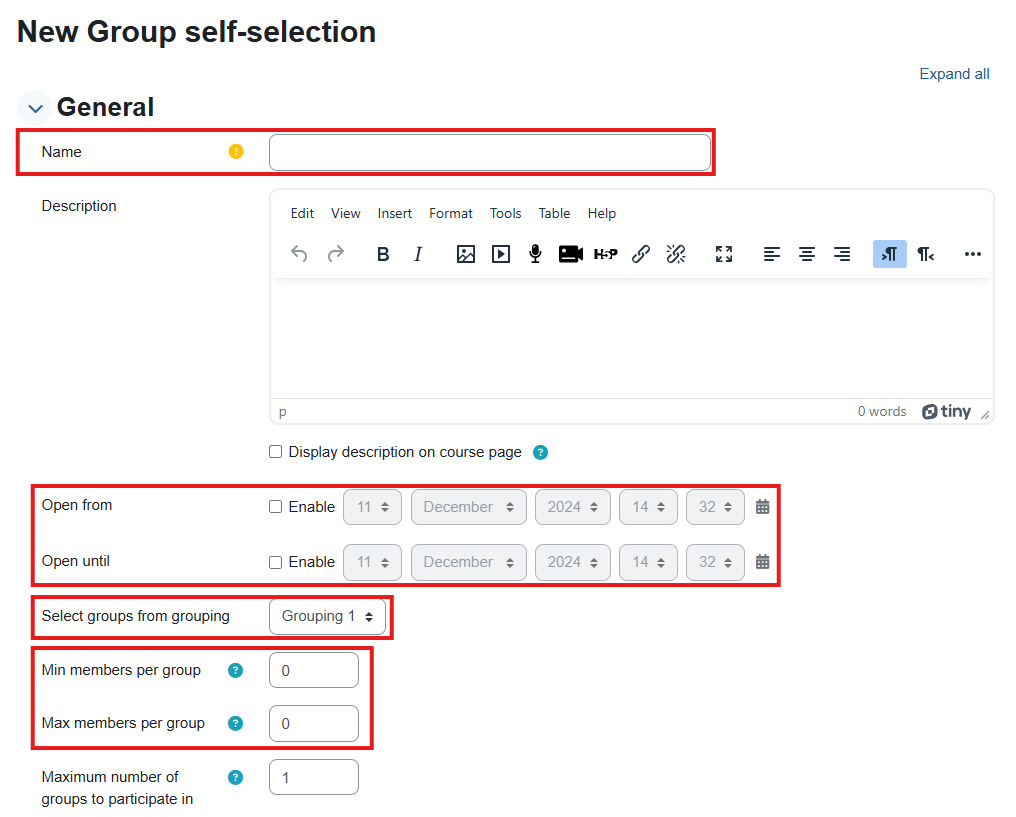 "New Group self-selection" page. Fields mentioned in the text above are shown in red rectangles
