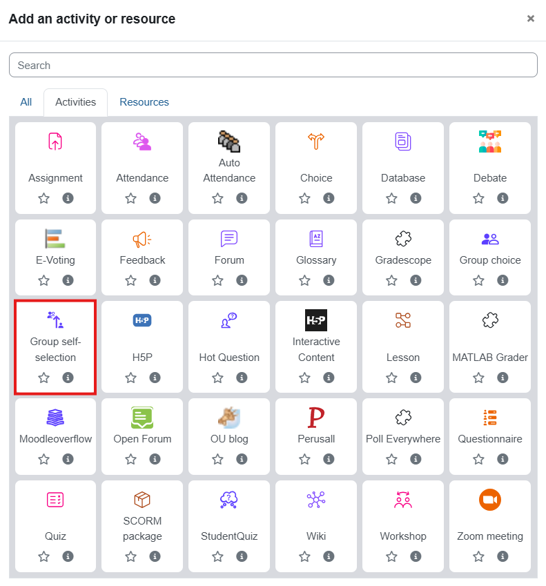 "Group self selection" button in the floating menu for adding an activity or a resource is shown in a red rectangle