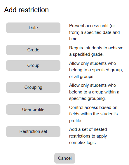 "Add restriction..." menu