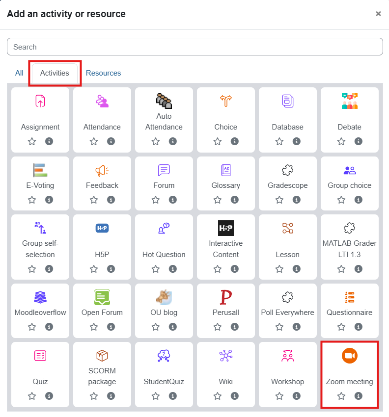 "Activities" and "Zoom meeting" (orange icon with a video camera) buttons in the floating menu are shown in red rectangles.