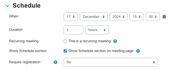 "Schedule" menu for creating a zoom meeting on Moodle