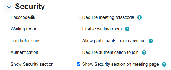 "Security" menu when creating a new zoom meeting on Moodle