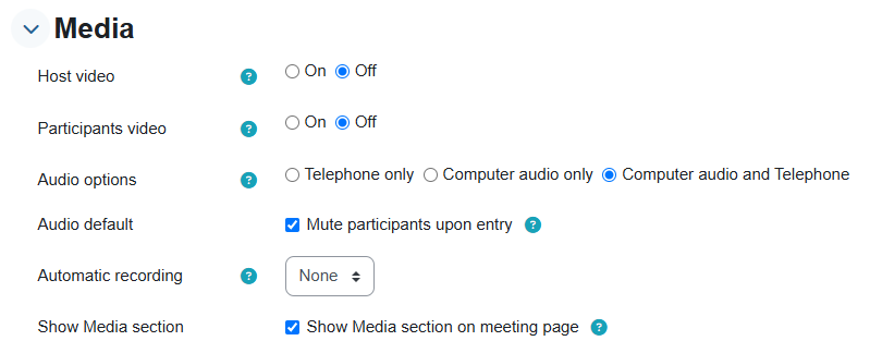 "Media" menu when creating a new zoom meeting on Moodle