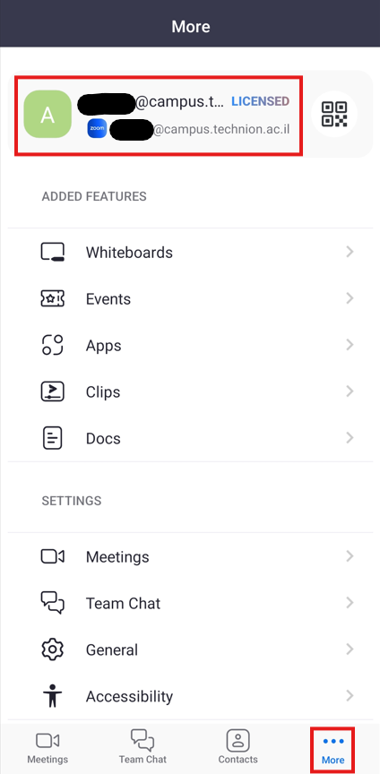 A page in the Zoom app where you can see which account you are currently signed in as. The "More" button is at the bottom