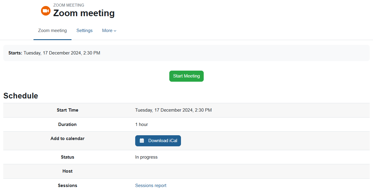 On the Zoom meeting page in Moodle the "Start meeting" button is green